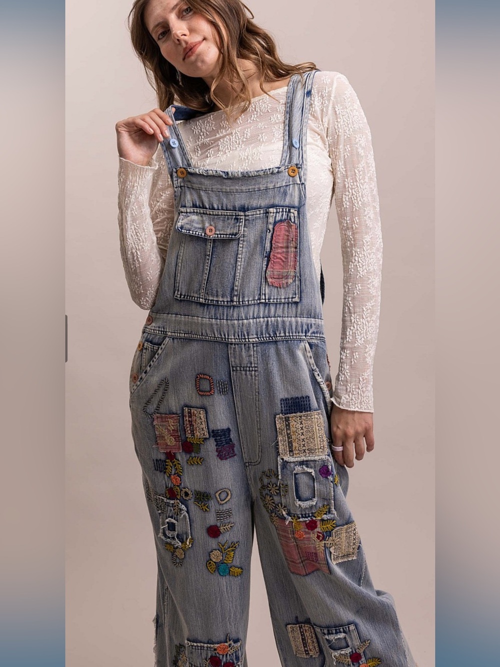 Wash Denim Patchwork Women's Wide-Leg Jeans Overalls - Picture 11 of 13